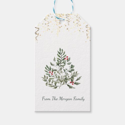 Confetti Watercolor Pine Tree Branches Gift Tags