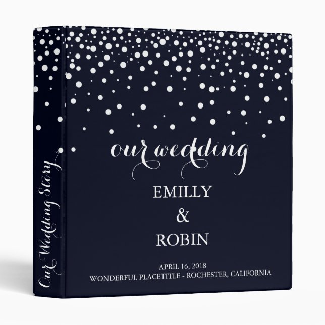 Confetti White Dots Elegant Navy Blue Wedding 3 Ring Binder (Front/Spine)