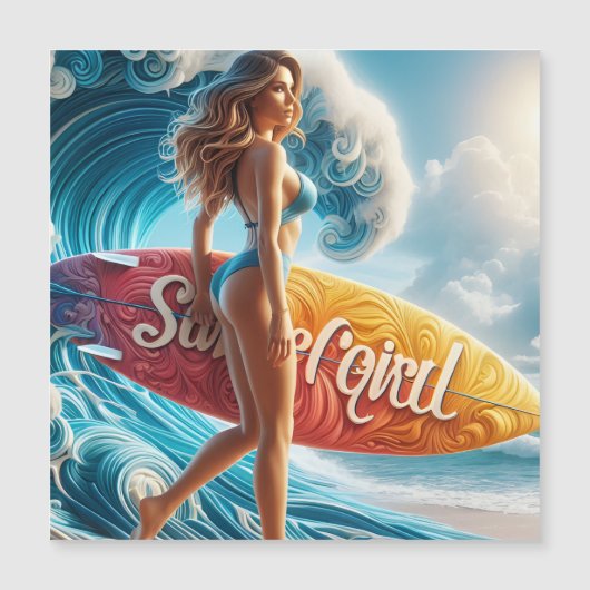 Confident Surfer Girl Walking Beach Waves Art (Front)