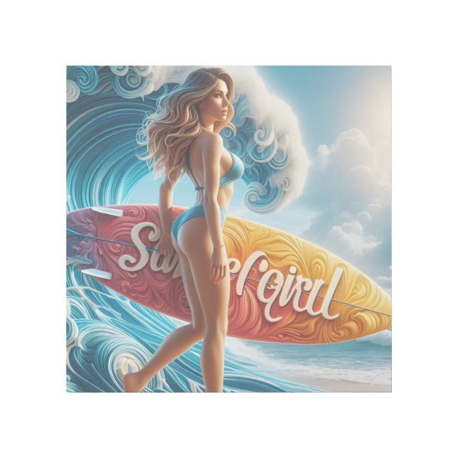 Confident Surfer Girl Walking Beach Waves Art (Front)