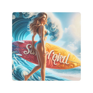 Confident Surfer Girl Walking Beach Waves Art