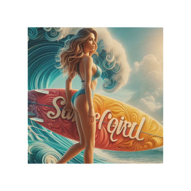 Confident Surfer Girl Walking Beach Waves Art (Front)