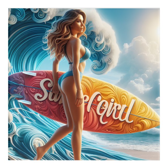 Confident Surfer Girl Walking Beach Waves Art (Front)