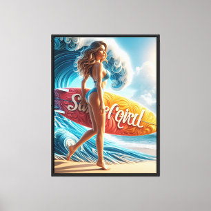 Confident Surfer Girl Walking Beach Waves Art Canvas Print
