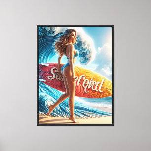Confident Surfer Girl Walking Beach Waves Art Canvas Print