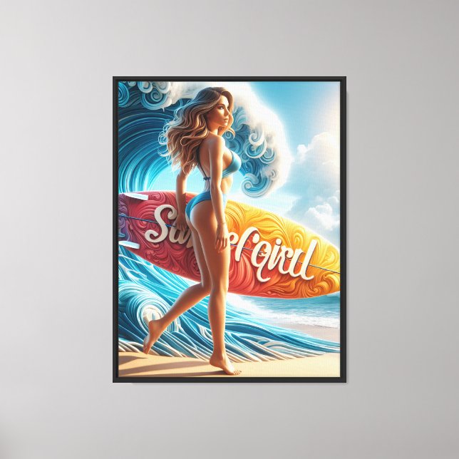 Confident Surfer Girl Walking Beach Waves Art Canvas Print (Front)