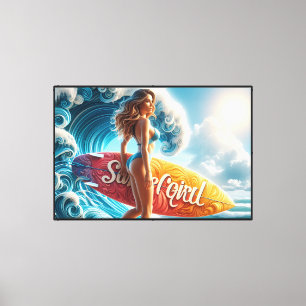 Confident Surfer Girl Walking Beach Waves Art Canvas Print