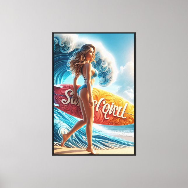 Confident Surfer Girl Walking Beach Waves Art Canvas Print (Front)
