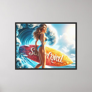 Confident Surfer Girl Walking Beach Waves Art Canvas Print