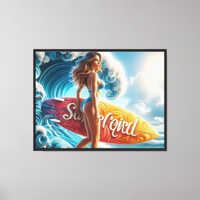 Confident Surfer Girl Walking Beach Waves Art Canvas Print (Front)