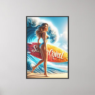 Confident Surfer Girl Walking Beach Waves Art Canvas Print