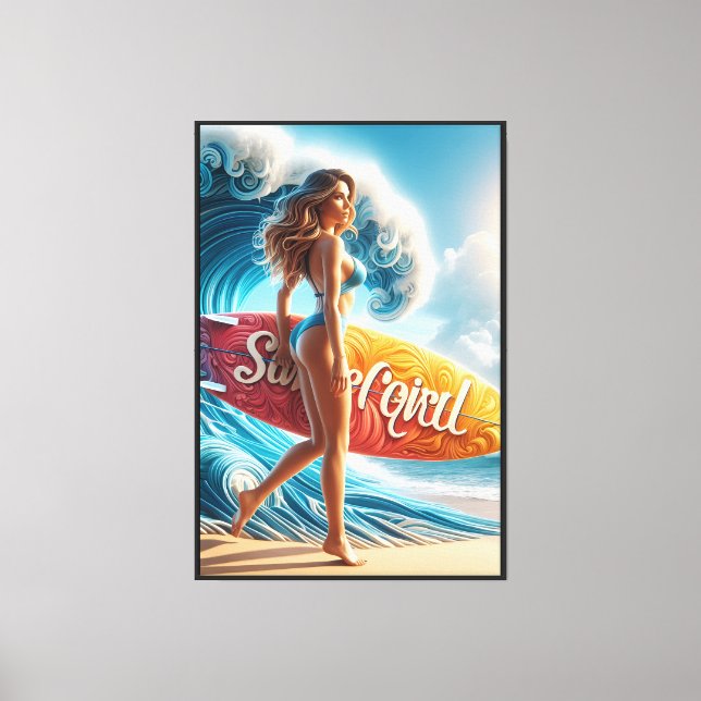 Confident Surfer Girl Walking Beach Waves Art Canvas Print (Front)