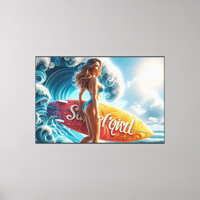 Confident Surfer Girl Walking Beach Waves Art Canvas Print (Front)