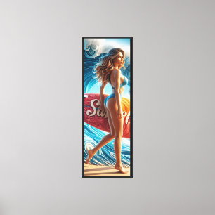 Confident Surfer Girl Walking Beach Waves Art Canvas Print