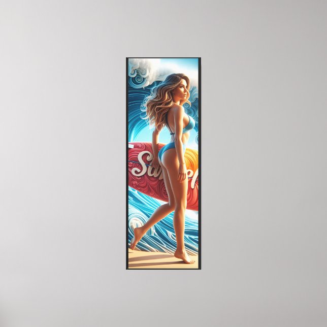 Confident Surfer Girl Walking Beach Waves Art Canvas Print (Front)