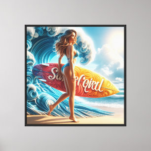 Confident Surfer Girl Walking Beach Waves Art Canvas Print