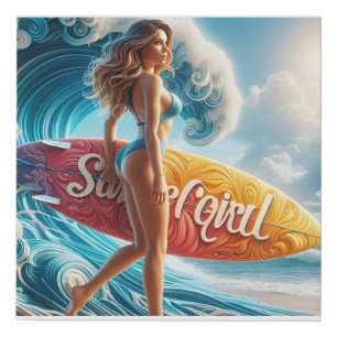 Confident Surfer Girl Walking Beach Waves Art Faux Canvas Print