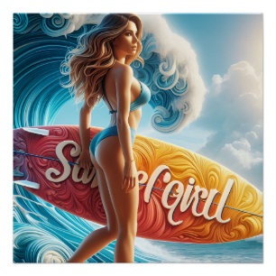 Confident Surfer Girl Walking Beach Waves Art Poster