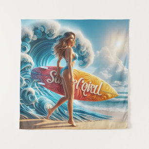 Confident Surfer Girl Walking Beach Waves Art Tapestry