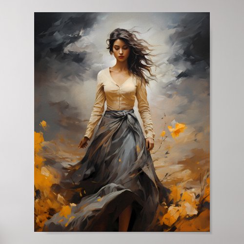 Confident Woman Amongst Flowers Oil Painting Style Poster