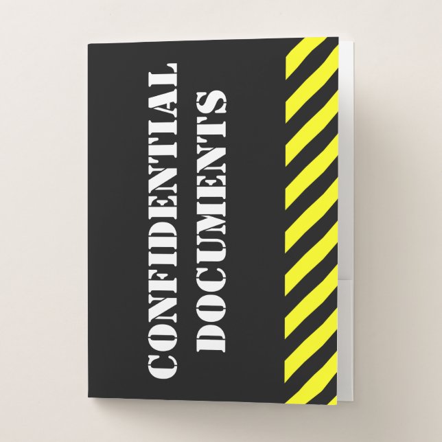 "CONFIDENTIAL DOCUMENTS" + Black & Yellow Stripes Pocket Folder (Front)