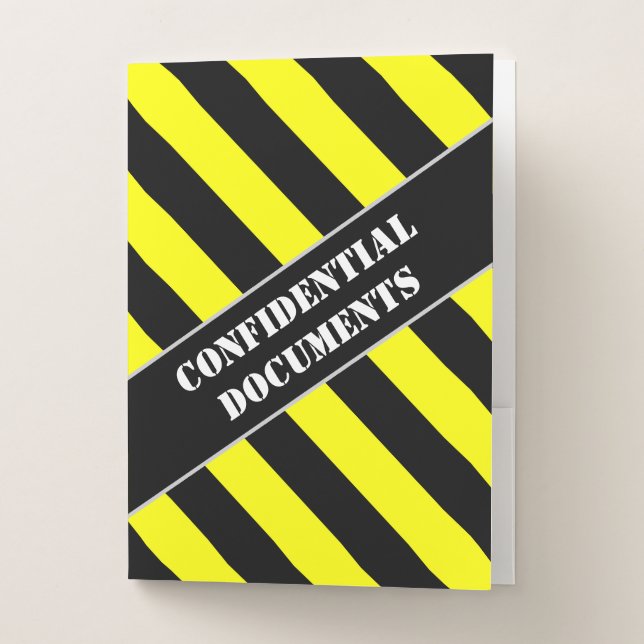 "CONFIDENTIAL DOCUMENTS"; Black & Yellow Stripes Pocket Folder (Front)