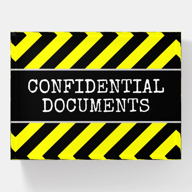“CONFIDENTIAL DOCUMENTS” + Warning Stripes Paperweight (Front)