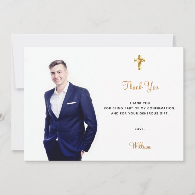 Confirmantion photo cross boy thank you card (Front)