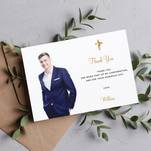 Confirmantion photo cross boy thank you card