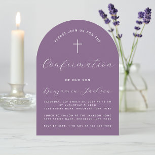Confirmation Arch Dusty Purple Modern Script Cross Invitation