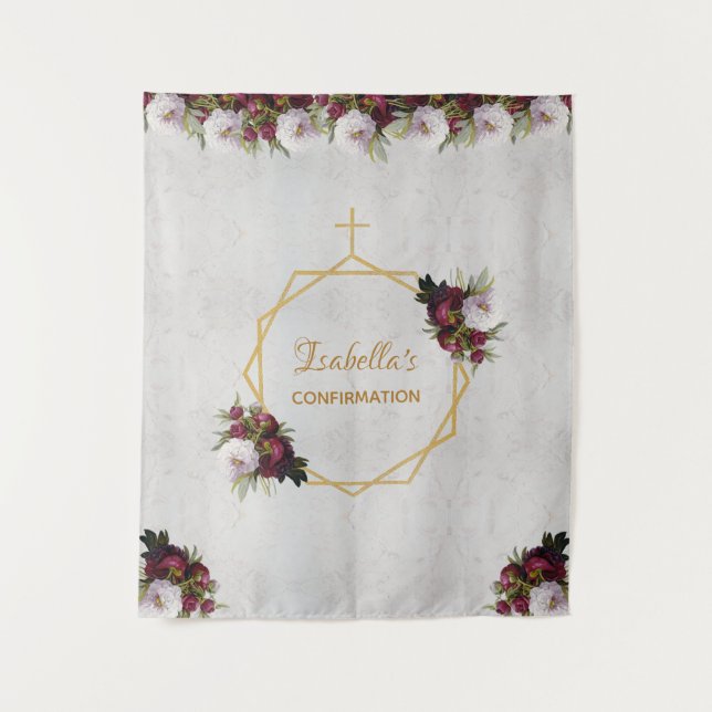 Confirmation Backdrop Gold Burgundy Peonies Marble (Front)