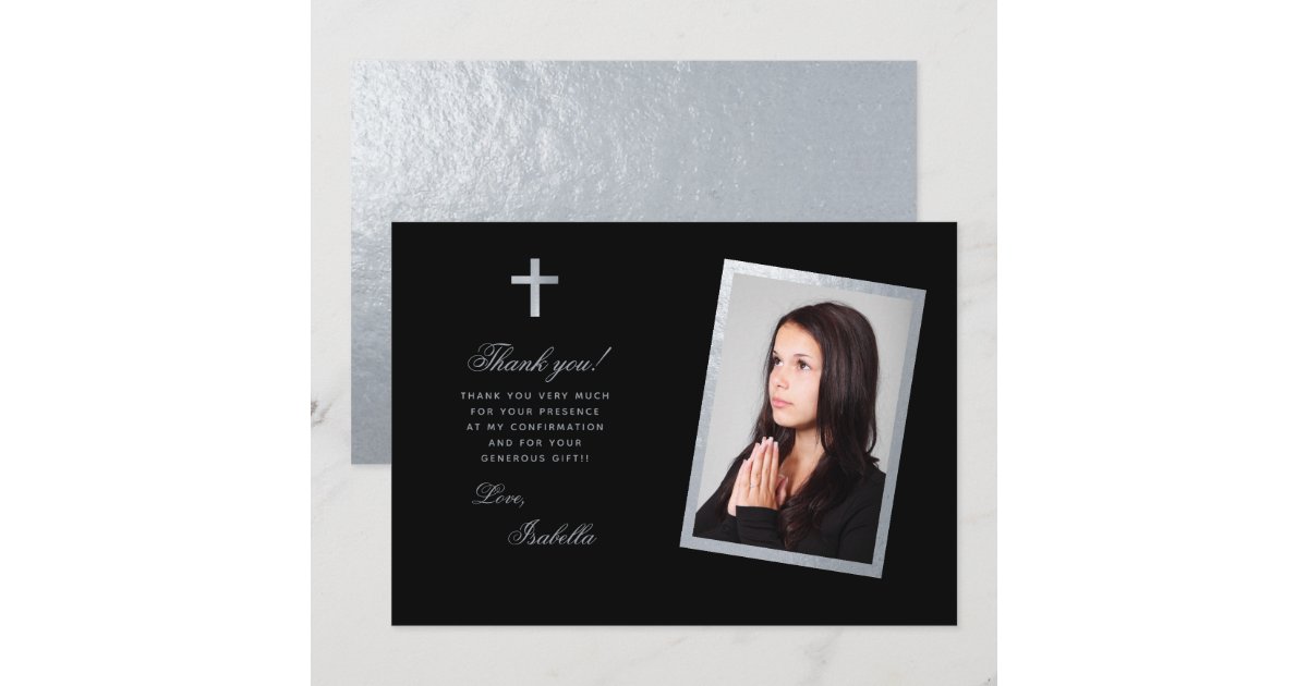 Confirmation Black Faux Silver Photo Calligraphy Thank You Card | Zazzle