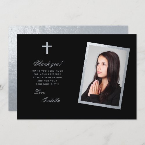Confirmation Black Faux Silver Photo Calligraphy  Thank You Card
