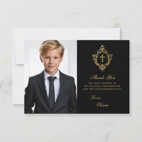 Confirmation Black Gold Crest Elegant Boy Photo Thank You Card