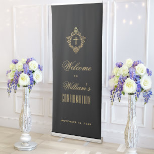 Confirmation Black Gold Religious Boy Cross Crest Retractable Banner