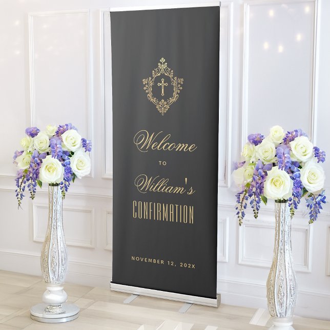 Confirmation Black Gold Religious Boy Cross Crest Retractable Banner (Creator Uploaded)