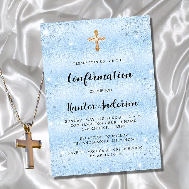 Confirmation blue boy elegant script simple invitation postcard (Creator Uploaded)