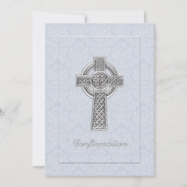 Confirmation Blue Damask Silver Cross Invitation (Front)