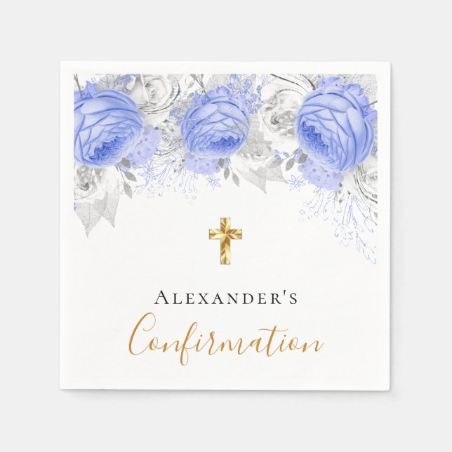 Confirmation blue floral white name boy guy napkins (Front)
