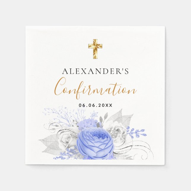 Confirmation blue floral white name boy guy napkins (Front)
