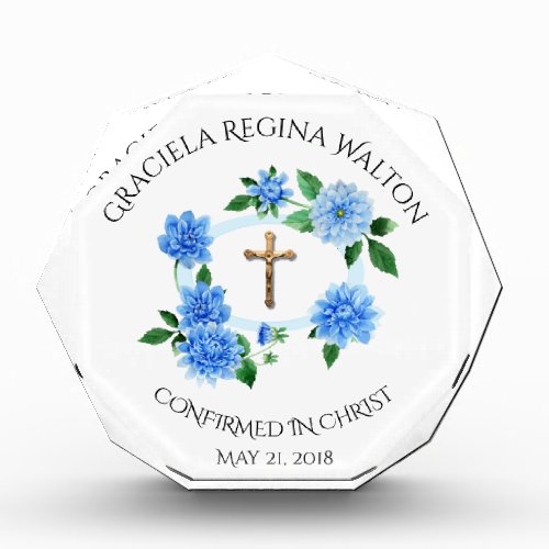 Confirmation Blue Floral Wreath Crucifix Photo Block