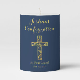Confirmation Blue Gold Cross Boy Name Pillar Candl Candle
