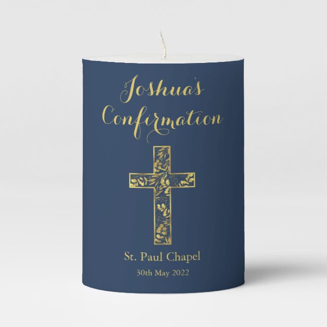 Confirmation Blue Gold Cross Boy Name Pillar Candl Candle (Front)