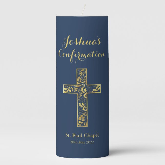 Confirmation Blue Gold Cross Boy Name Pillar Candle (Front)