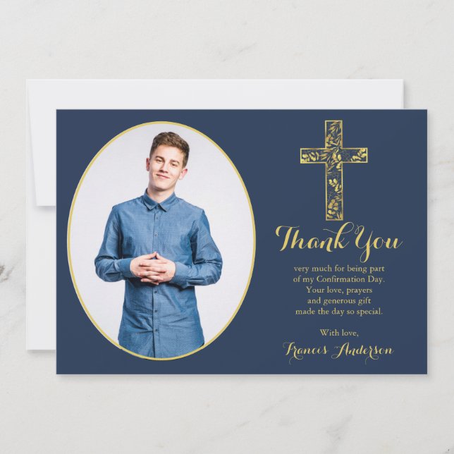 Confirmation Blue Gold Cross Boy Photo  Thank You  Card (Front)