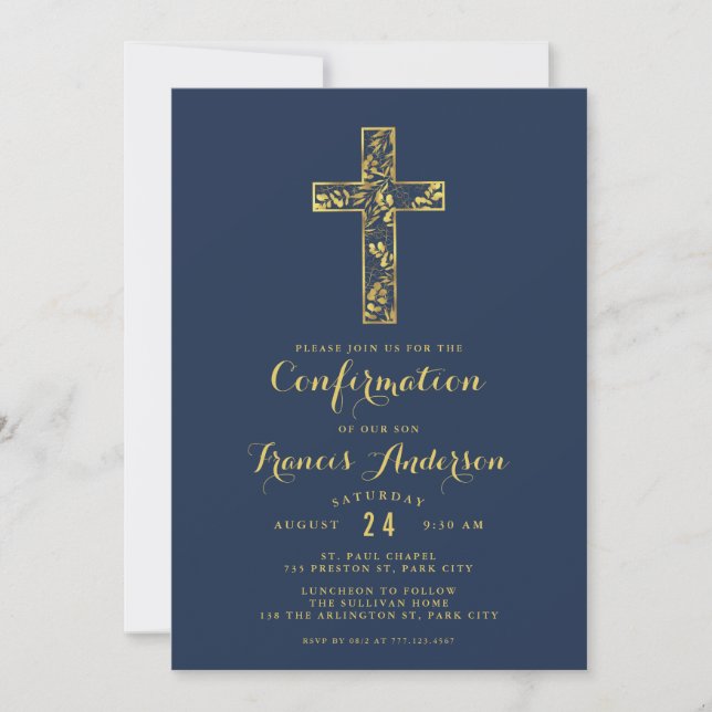 Confirmation blue gold cross boys invitation (Front)