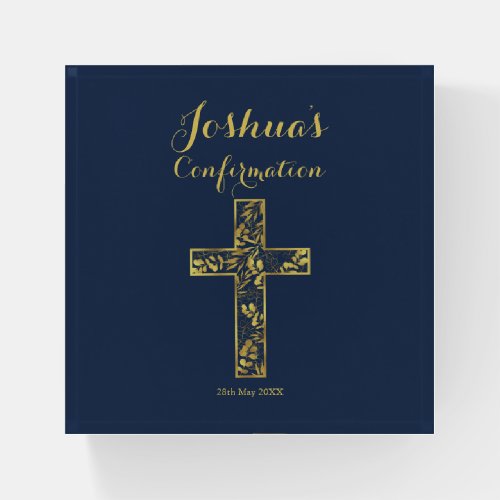 Confirmation blue gold cross boys paperweight