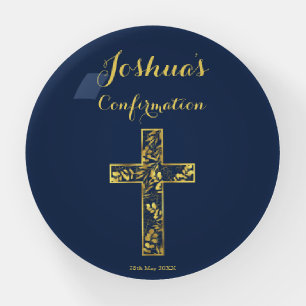 Confirmation blue gold cross boys paperweight