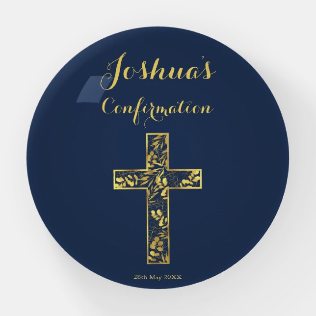Confirmation blue gold cross boys paperweight (Front)