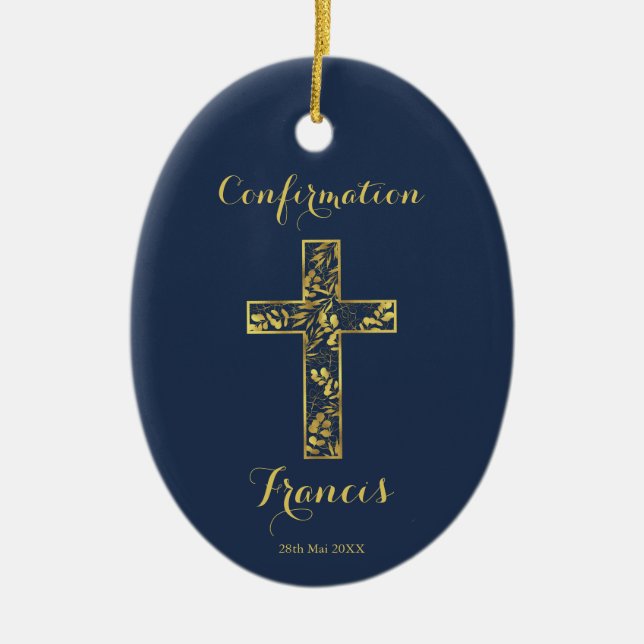 Confirmation blue gold cross ceramic ornament (Front)